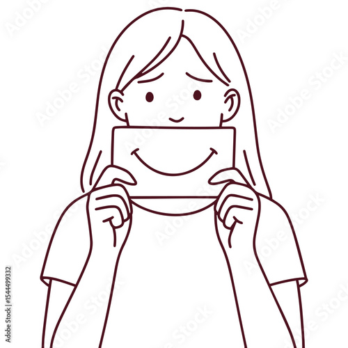 Monochrome line drawing of girl holding a smiling paper in front of her mouth. Expression behind is neutral. Symbol of emotional mask