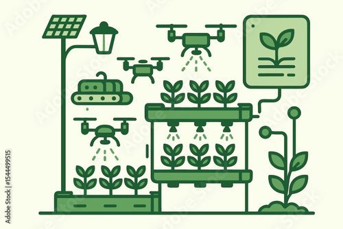 Illustration of automated smart farming system with drones and sensors