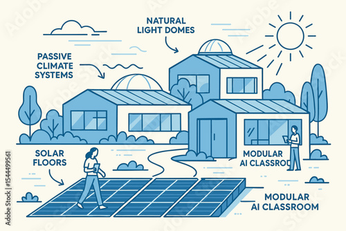 Illustration of a sustainable smart campus with solar floors and modular AI classrooms