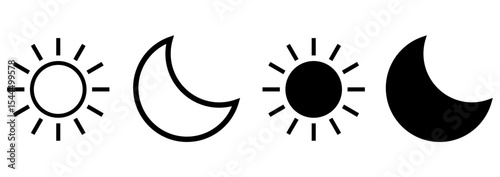 sun and moon icons in minimalist style, representing day and night concepts. perfect for weather, UI, app design and web use. simple, elegant and versatile icons.