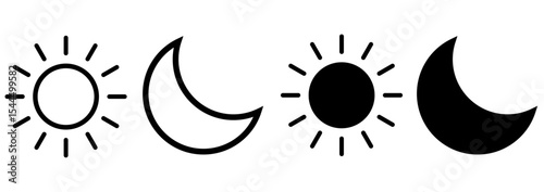 sun and moon icons in minimalist style, representing day and night concepts. perfect for weather, UI, app design and web use. simple, elegant and versatile icons.