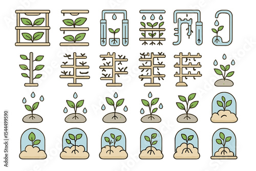 Cute vector icons of plants, hydroponics, and growth stages