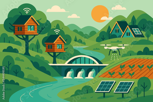 Eco-friendly smart farm with solar panels, treehouses, and irrigation drone