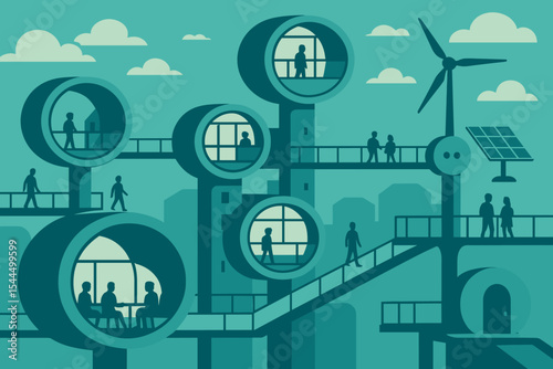 Modern eco city with pod housing, wind turbine, and solar panel