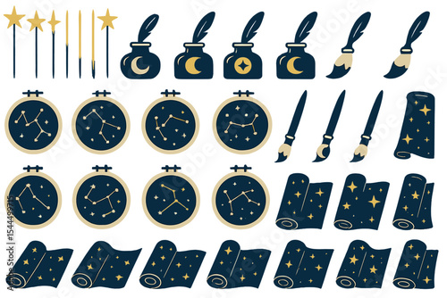 Stylized celestial art tools with constellations and starry scrolls