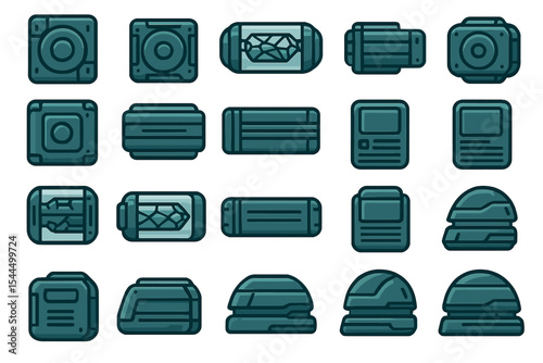 Dark teal sci-fi UI icons featuring containers, scanners, and terminals