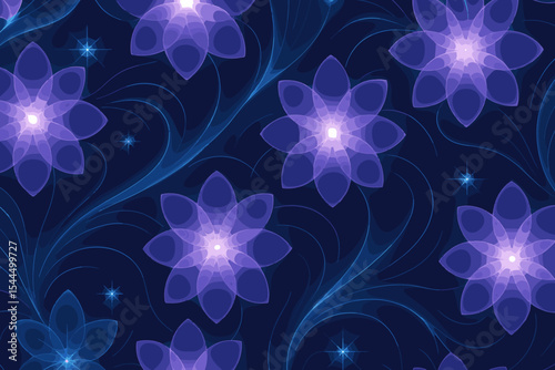 Seamless glowing violet flower pattern with starry accents