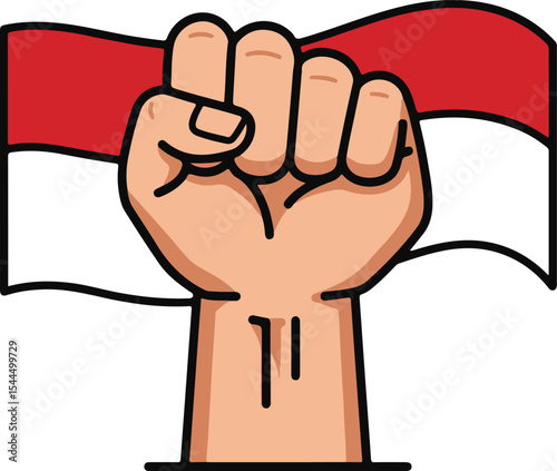 Fist holding Indonesian flag, celebrating independence day.