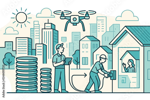 Illustration showing a worker installing solar panels on a house with a drone overseeing the process, highlighting urban sustainability, smart homes, and green energy.