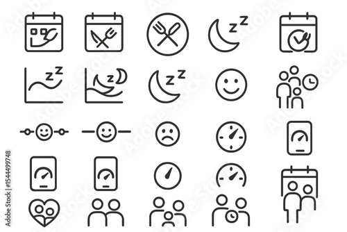Set of minimalistic icons for lifestyle and health tracking, including meal plans, sleep, mood, and family activities.