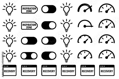 Set of minimalist icons representing creative flow, recovery, and energy management, including lightbulbs, switch buttons, performance gauges, and browser windows.
