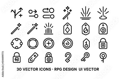 Set of 30 vector icons for RPG design and UI, including magical, security, and action symbols.