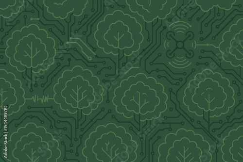 Seamless pattern blending circuit board designs with tree shapes, featuring drones, sound waves, and electronic connections, symbolizing the fusion
