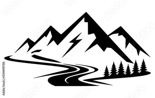 Simple black and white illustration of mountains a river flowing with pine trees representing nature.