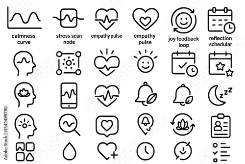 Dark UI wellness icon set with mindfulness and mood tracking themes
