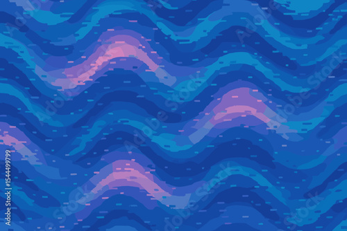Abstract wavy pattern with pixelated transitions in shades of blue and purple, creating a dynamic and calming ocean-like effect.