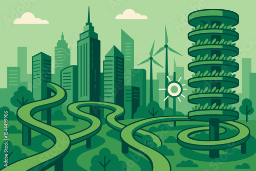 Green cityscape with vertical gardens, wind turbines, and eco pathways