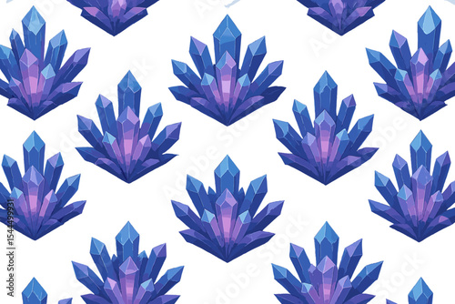 Seamless pattern of vibrant blue and purple crystal clusters on a soft blue background.
