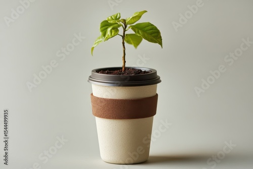 A plant grows in a disposable coffee cup on a neutral background. It represents sustainability, growth, and new beginnings with nature.