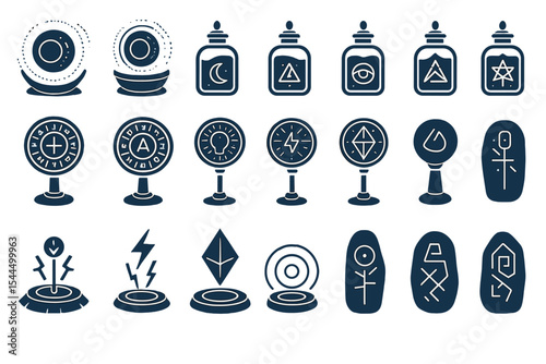 Set of magical and mystical icons, including crystal balls, enchanted jars, symbols, and mystical markings, representing energies, divination, and arcane knowledge.