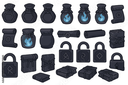 Fantasy icon set with scrolls, potion bags, magical locks, and tomes