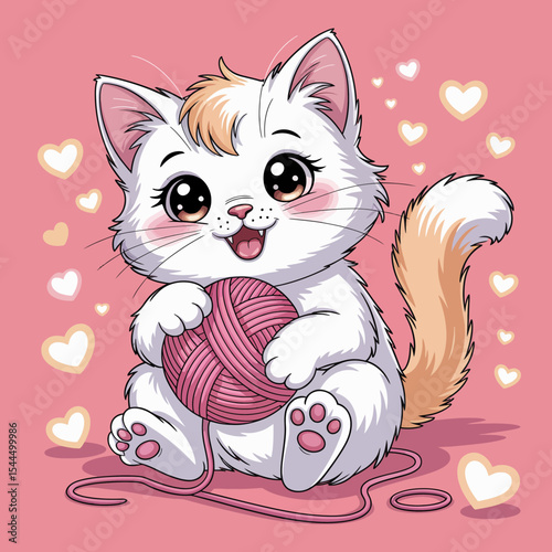 Kitten with Yarn and Hearts