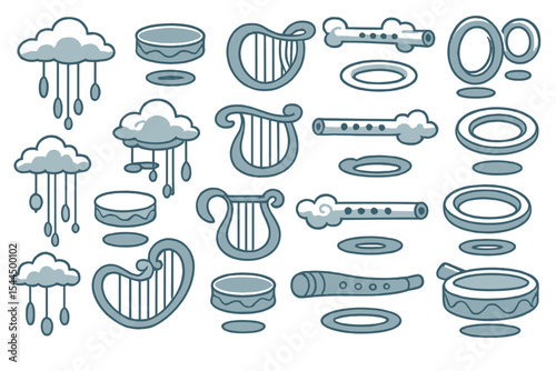 Hand-drawn fantasy music icons with clouds, flutes, and harps