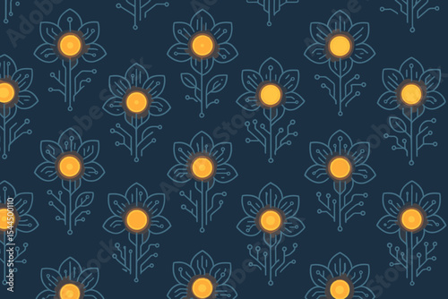 Seamless pattern of glowing flowers with circuit-inspired stems and orange centers.