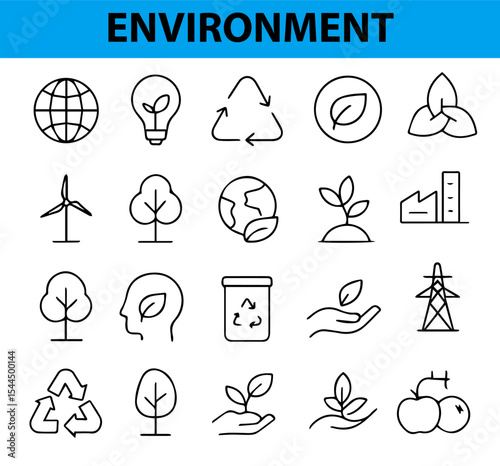 Environment and Sustainability Line Icons, Recycle, Solar Panel, Water Drop, Eco Bag, Tree, Globe, and More. 

