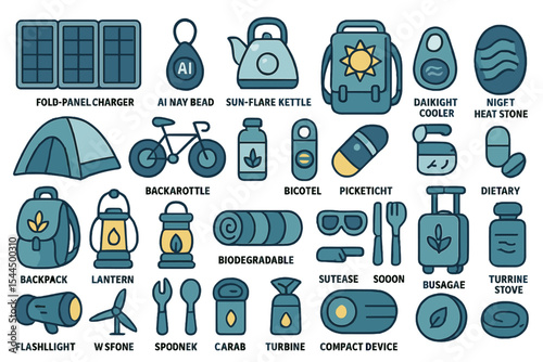 Eco-friendly camping and travel gear icon set with gadgets and supplies
