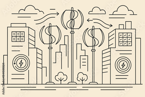 Line art of vertical wind turbines generating power in a cityscape