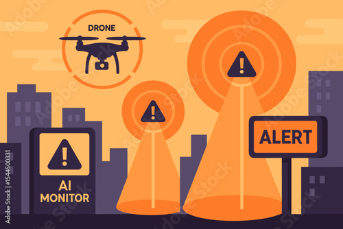 AI drone alert system scanning city with warning signals