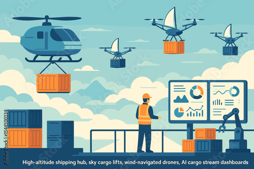 Futuristic air cargo hub with drones, helicopter lifts, and AI dashboard