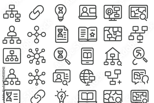 Set of linear icons representing networking, learning tools, research, and digital communication.