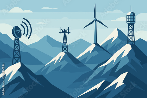 Technology towers and wind turbine on snowy mountain peaks