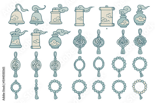 Traditional Asian ornament and charm icon set in hand-drawn style