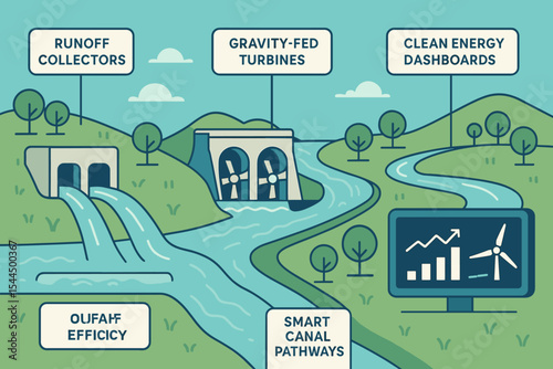 Illustration of sustainable energy systems with water flow, turbines, and dashboards.