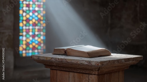 A beam of ethereal light kisses an ancient tome on the pulpit, evoking whispers of Candlemas and Wisdom Fest