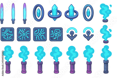 Glowing blue fantasy icons with crystals, circuitry, and magical flames