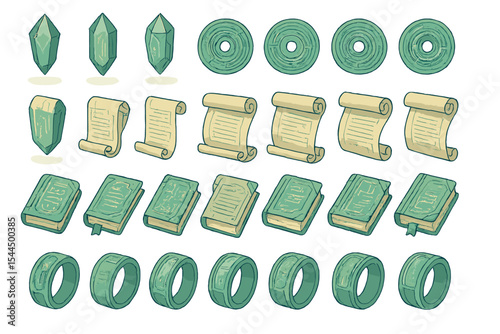 Fantasy game icons of scrolls, books, crystals, coins, and magic rings