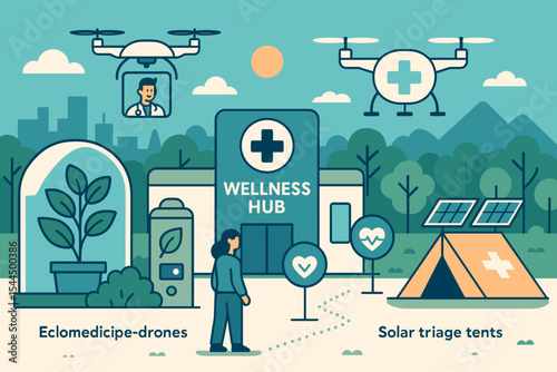Illustration of a modern wellness hub with medical drones and solar triage tents