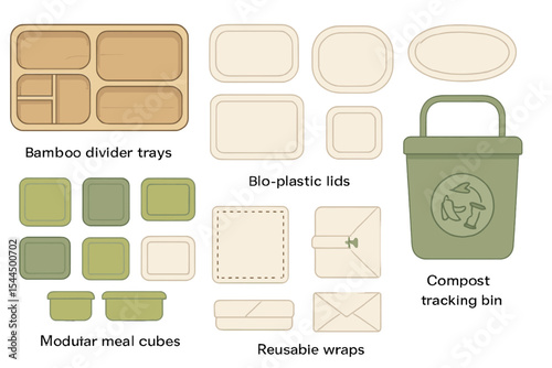 Illustration of sustainable meal containers, bio-plastic lids, reusable wraps, and a compost tracking bin.