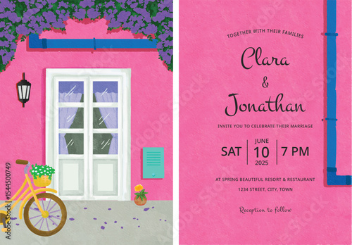 Watercolor wedding invitation card minimalism santorini style with purple flower