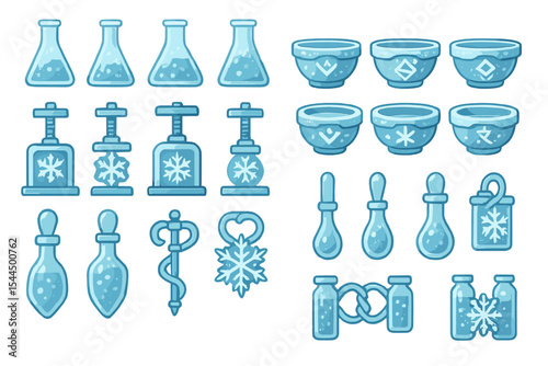 Stylized icy blue alchemy icon set with potions, bowls, and symbols