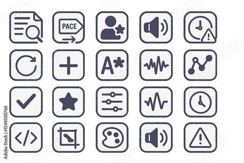 Flat UX icon set with symbols for settings, alerts, audio, time, and interface tools