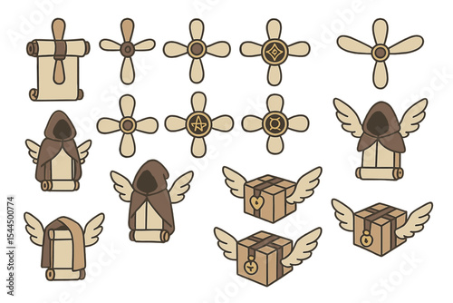 Fantasy icon set with scrolls, propellers, winged chests, and hooded cloaks