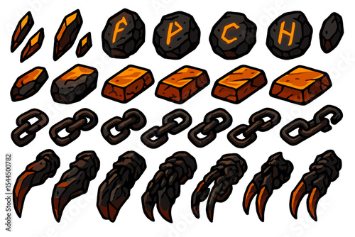Dark fantasy resource icons featuring glowing runes, metal ingots, chains, and claws