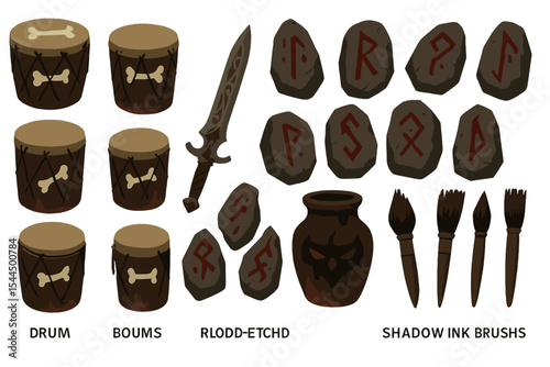 Set of tribal fantasy game icons with drums, runes, sword, and brushes