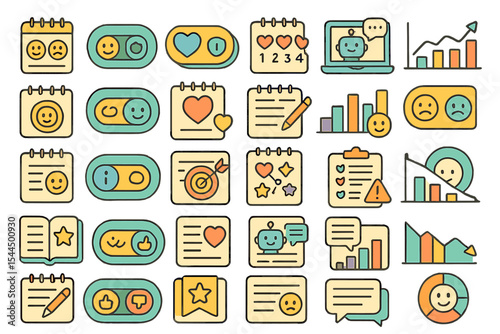 Flat UI icon set for feedback, rating, survey, analytics