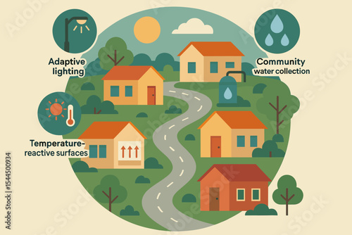 Smart neighborhood illustration with adaptive lighting and water systems